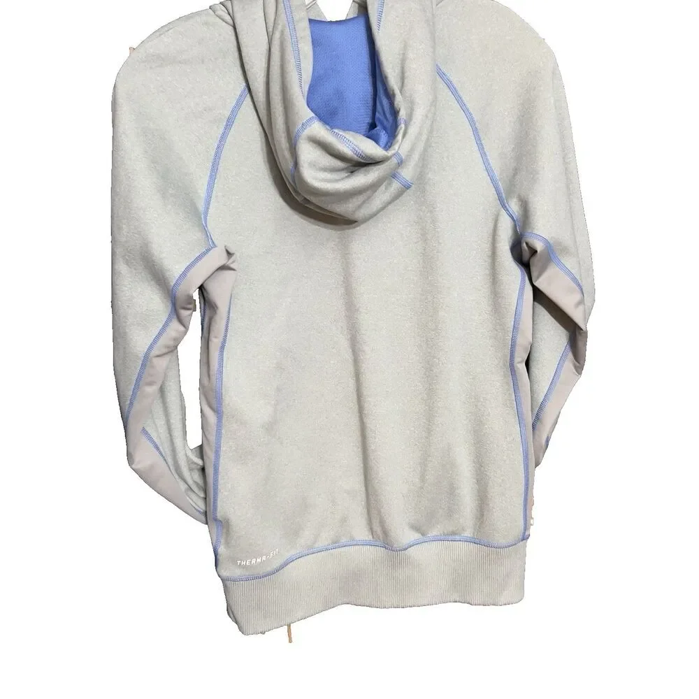 Nike Dri-Fit Womens Grey / Blue Swoosh Hoodie Pullover Sweatshirt Activewear Sm